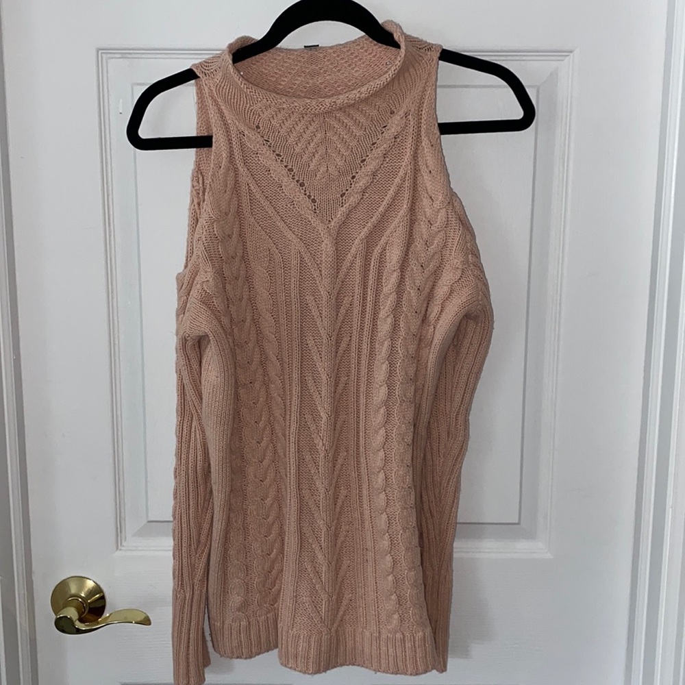 DESIGN LAB pink cable knit cold shoulder sweater